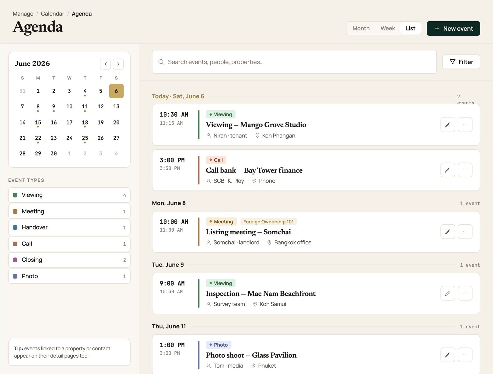 Calendar agenda list view with mini-month and type filters