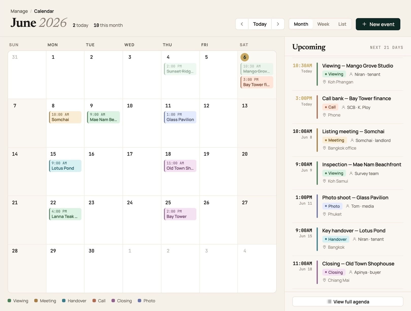 Calendar month grid with viewings, calls and closings, and an upcoming rail