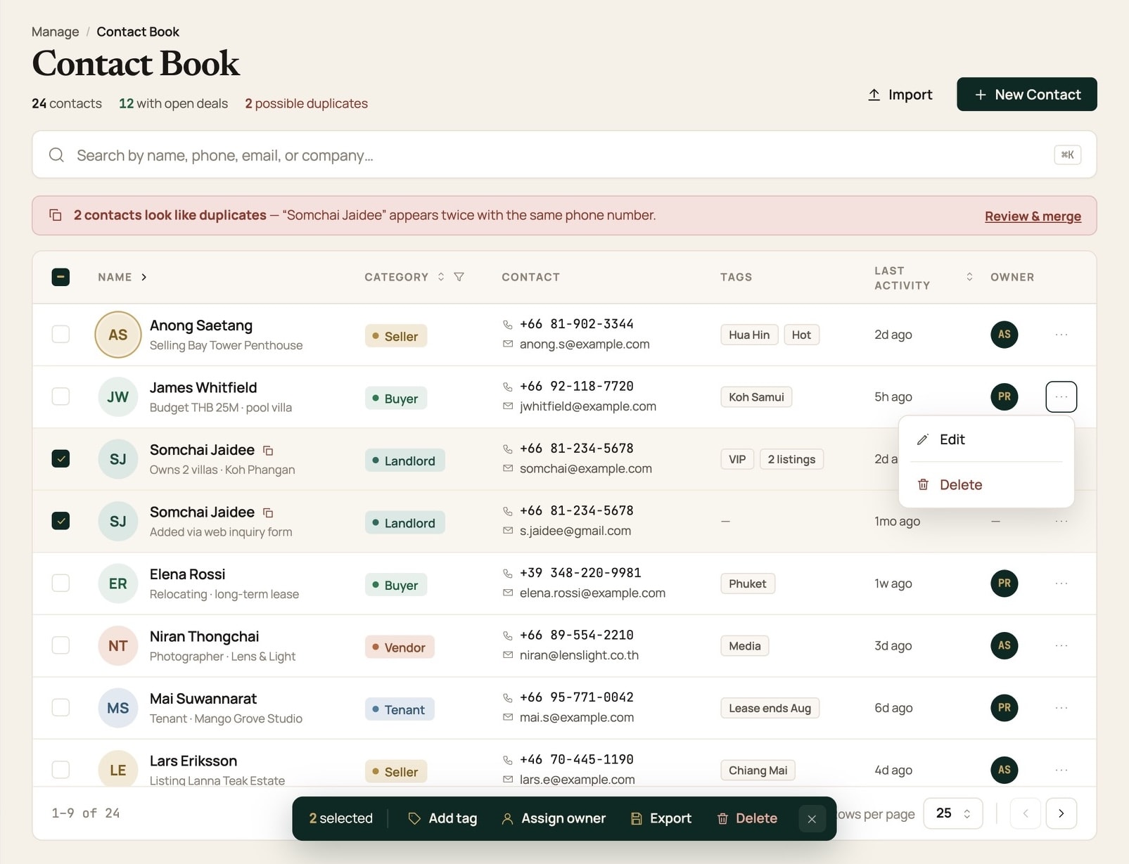 Contact Book with tags, owners, duplicate detection and export