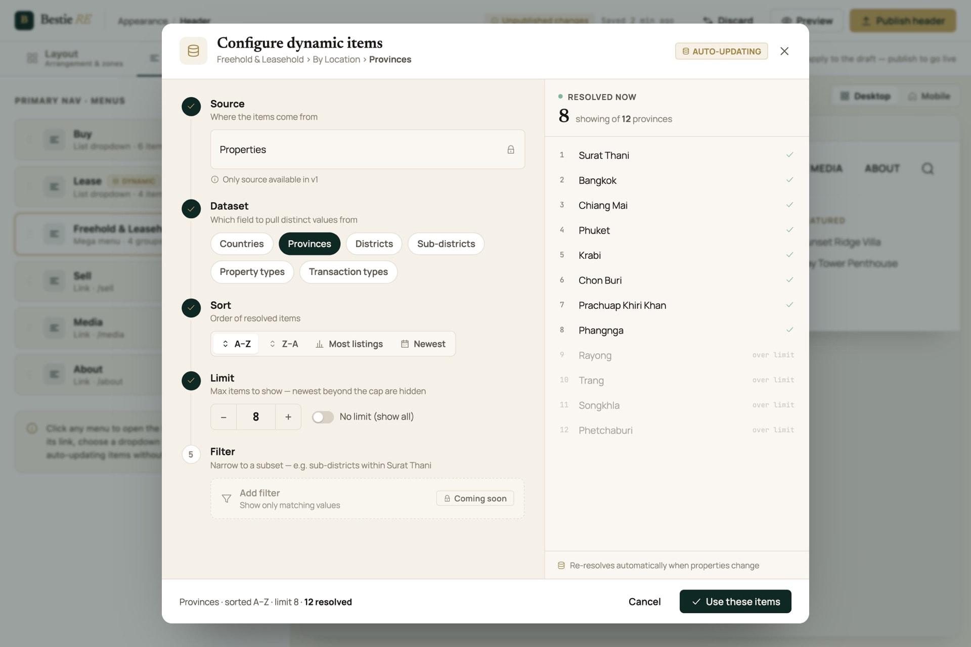 Configure dynamic navigation items resolving live from property data, with a live preview