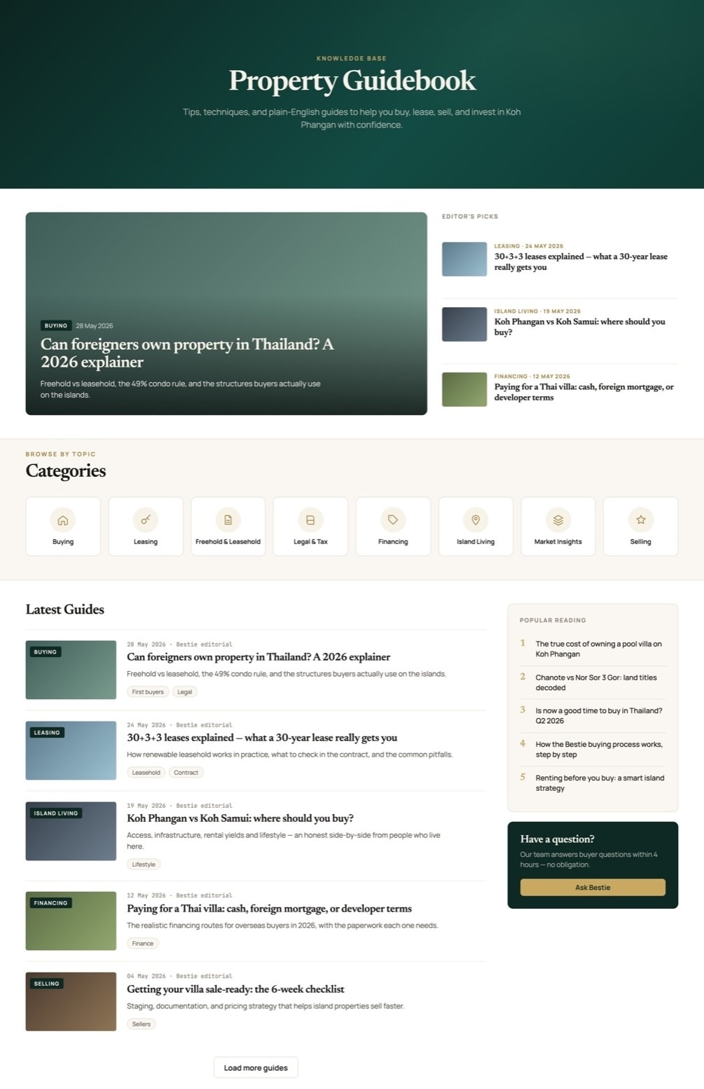 Property guidebook knowledge base with category tiles and editor picks
