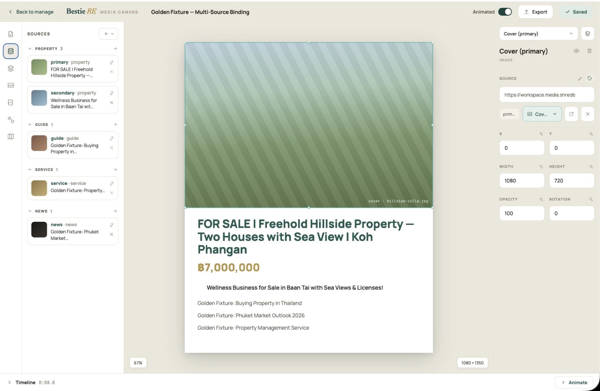 Media Canvas editor binding property, guide, service and news data into a branded for-sale post