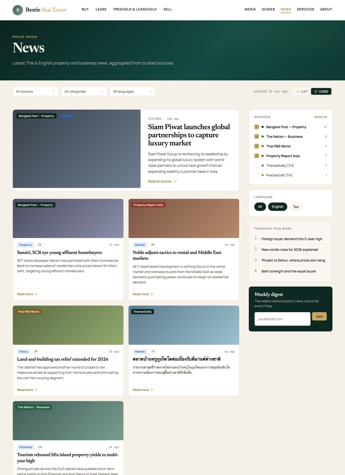 News press room aggregating multi-source property news in English and Thai