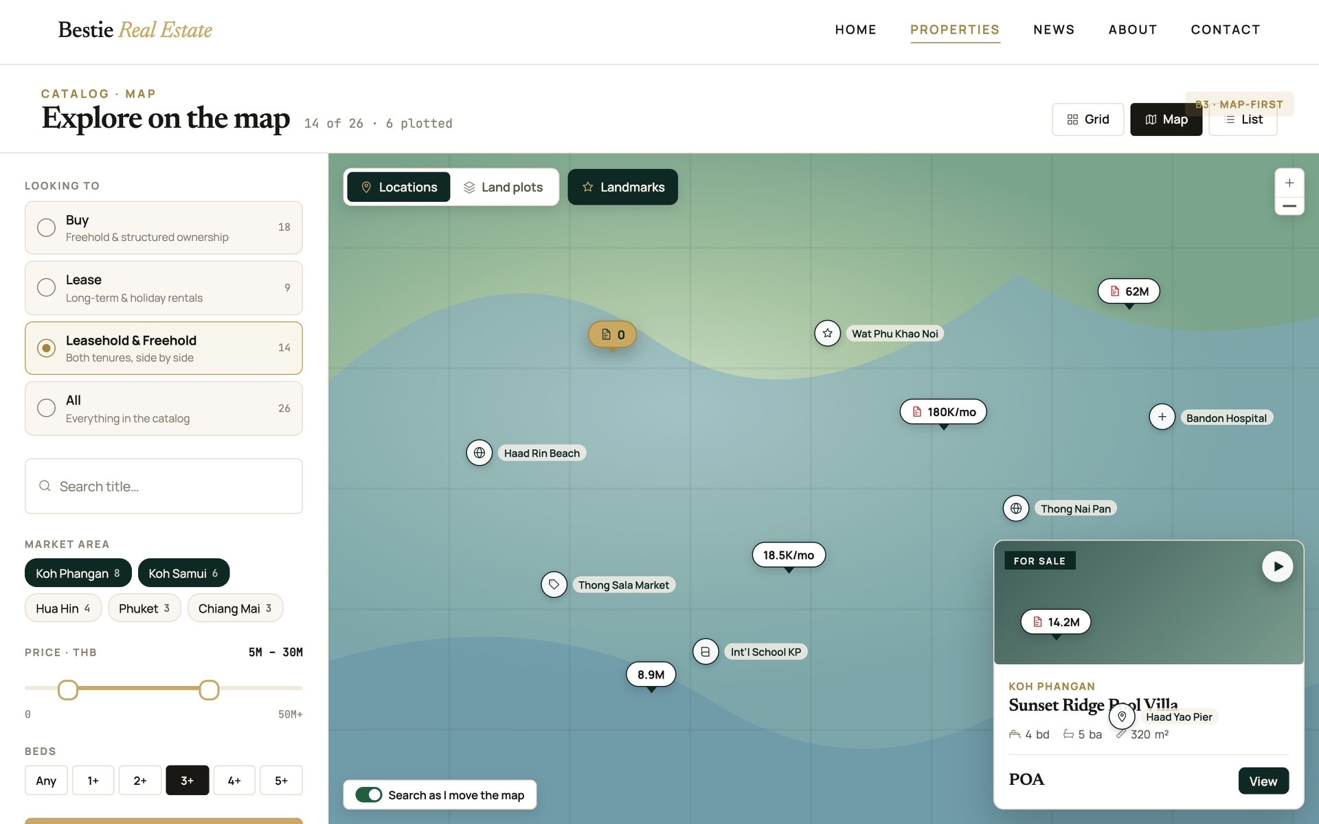 Public property map with listings, land plots and landmarks