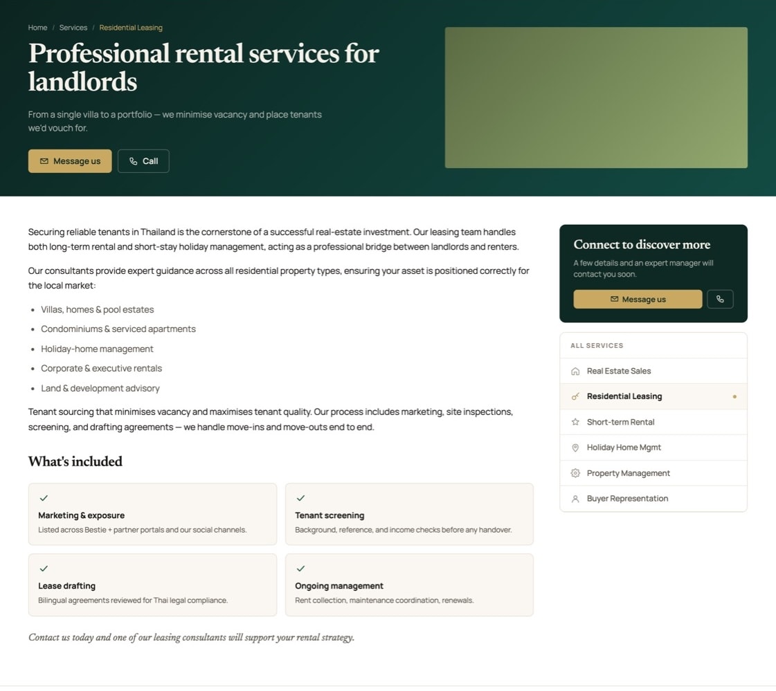 Service page for residential leasing with what's-included grid and inquiry capture